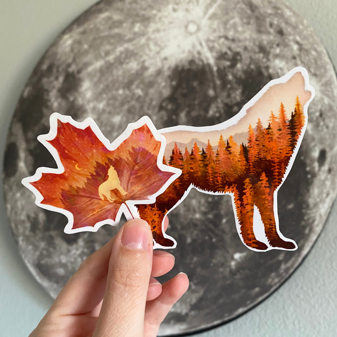 Silhouette Howling Wolf Sticker | Animal Nature Vinyl Sticker | Cute Fall Forest Sticker For Water Bottle