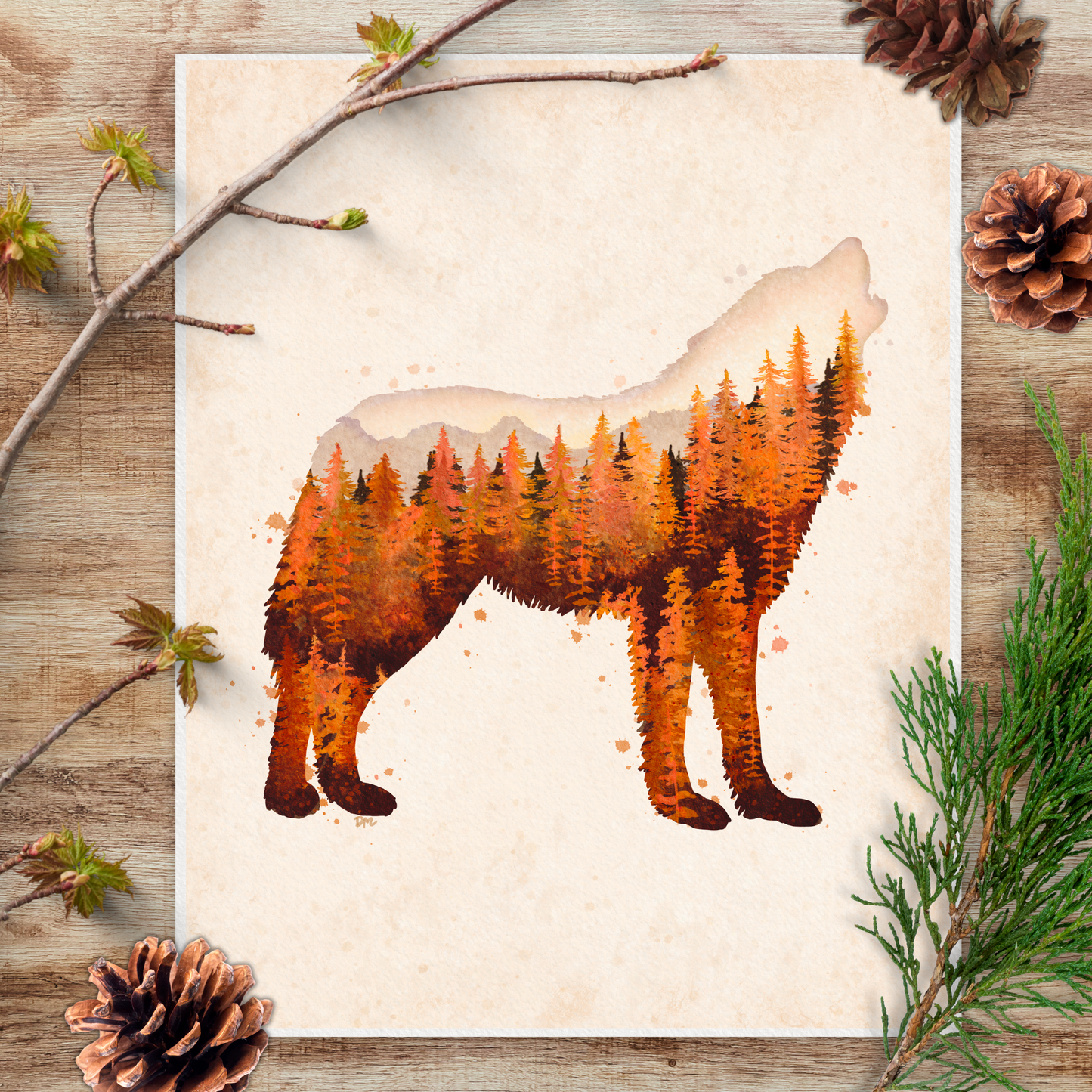 Wolf Silhouette Art Print | Fall Forest Animal Lover Wall Art | Landscape Nature Cabin Home Decor