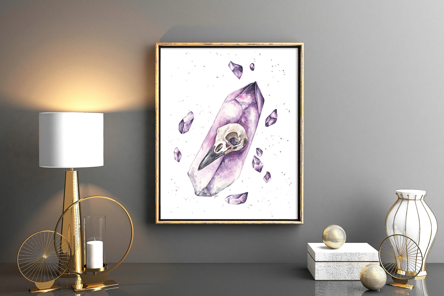 Amethyst Crow Skull Art Print | Witchy Magical Animal Art Print | Watercolor Crystal Art Skull Decor - Debra Marie Art