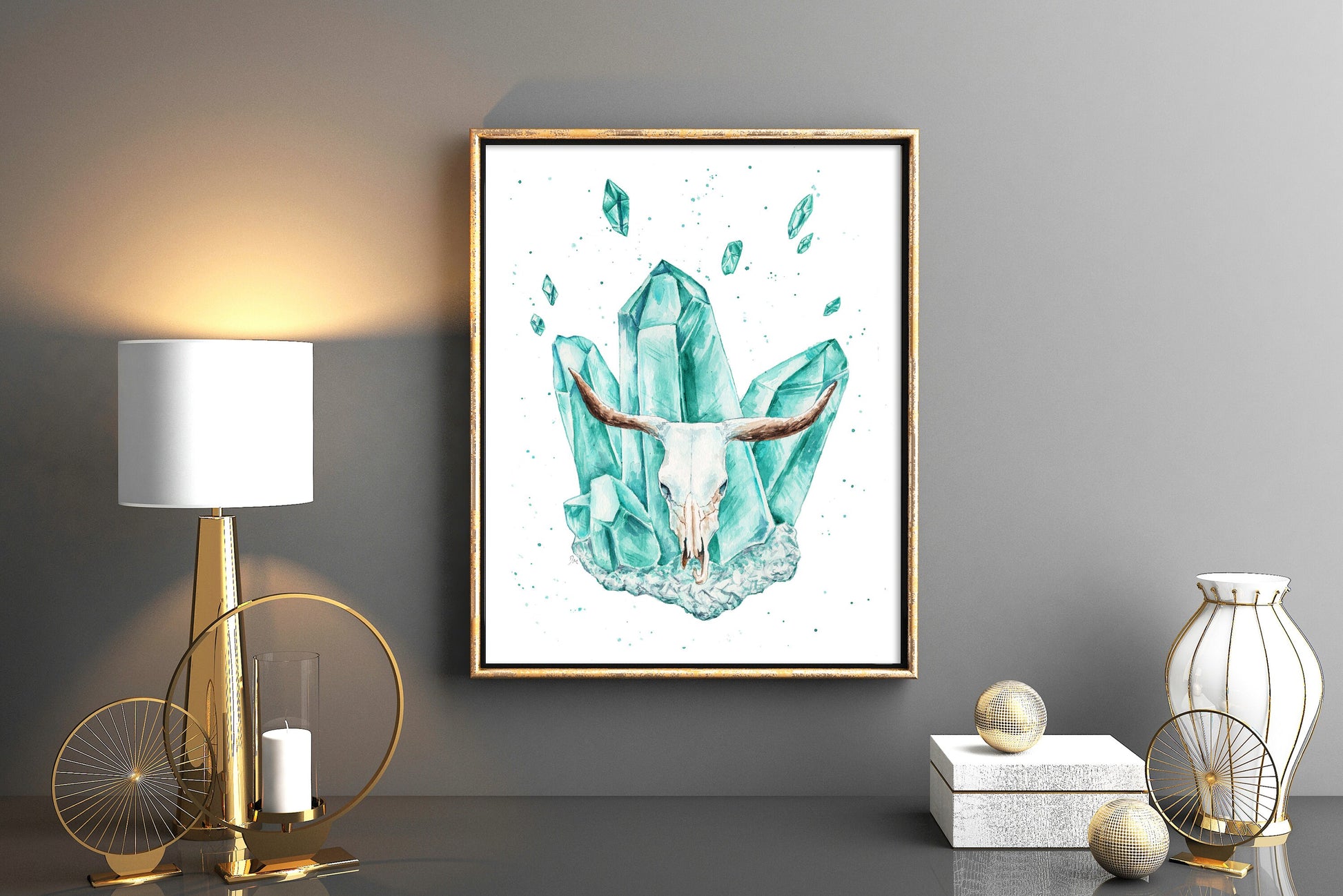 Blue Cow Skull Art Print | Witchy Pagan Crystal Art | Animal Skull Wall Decor - Debra Marie Art