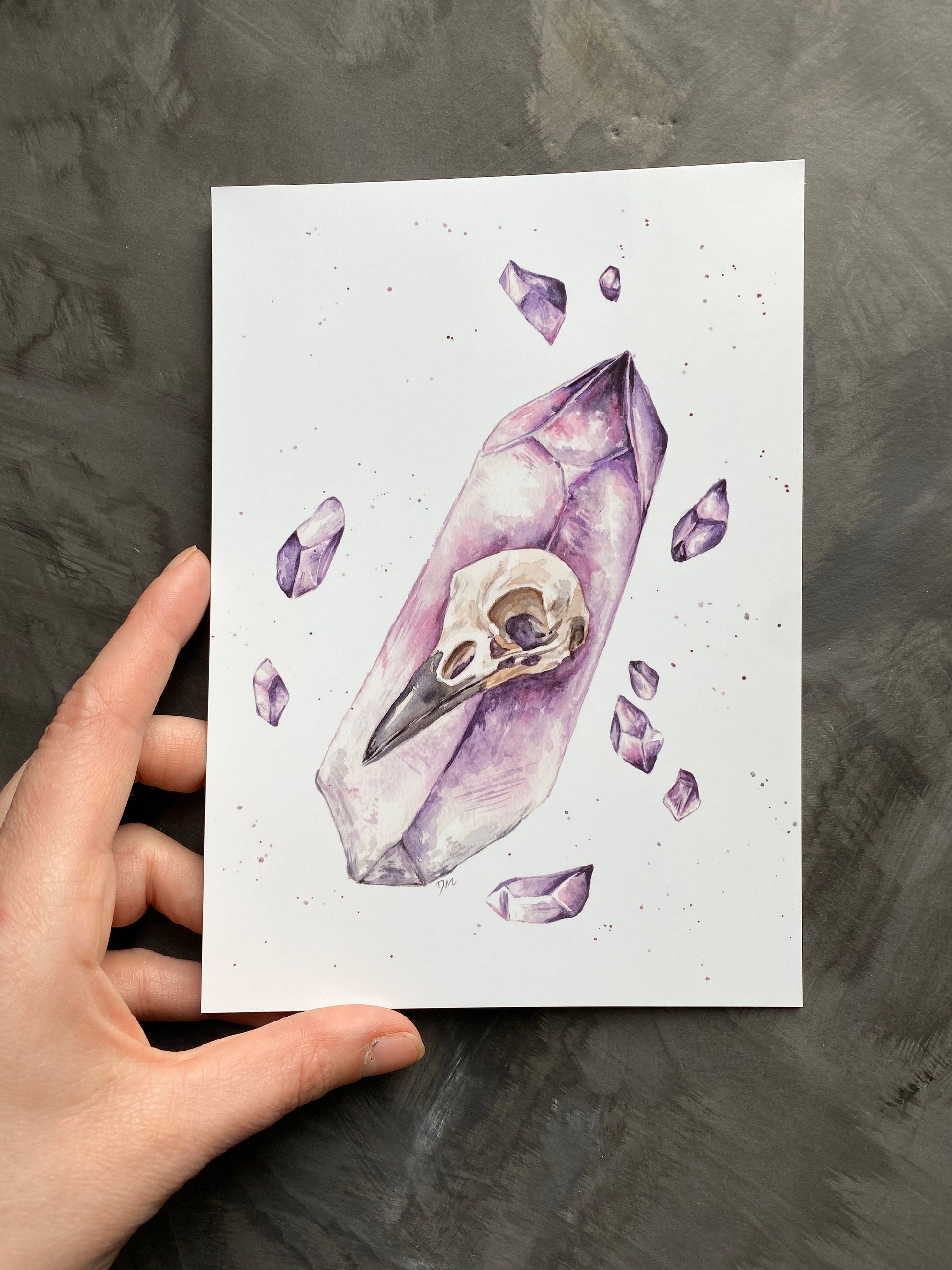 Amethyst Crow Skull Art Print | Witchy Magical Animal Art Print | Watercolor Crystal Art Skull Decor - Debra Marie Art