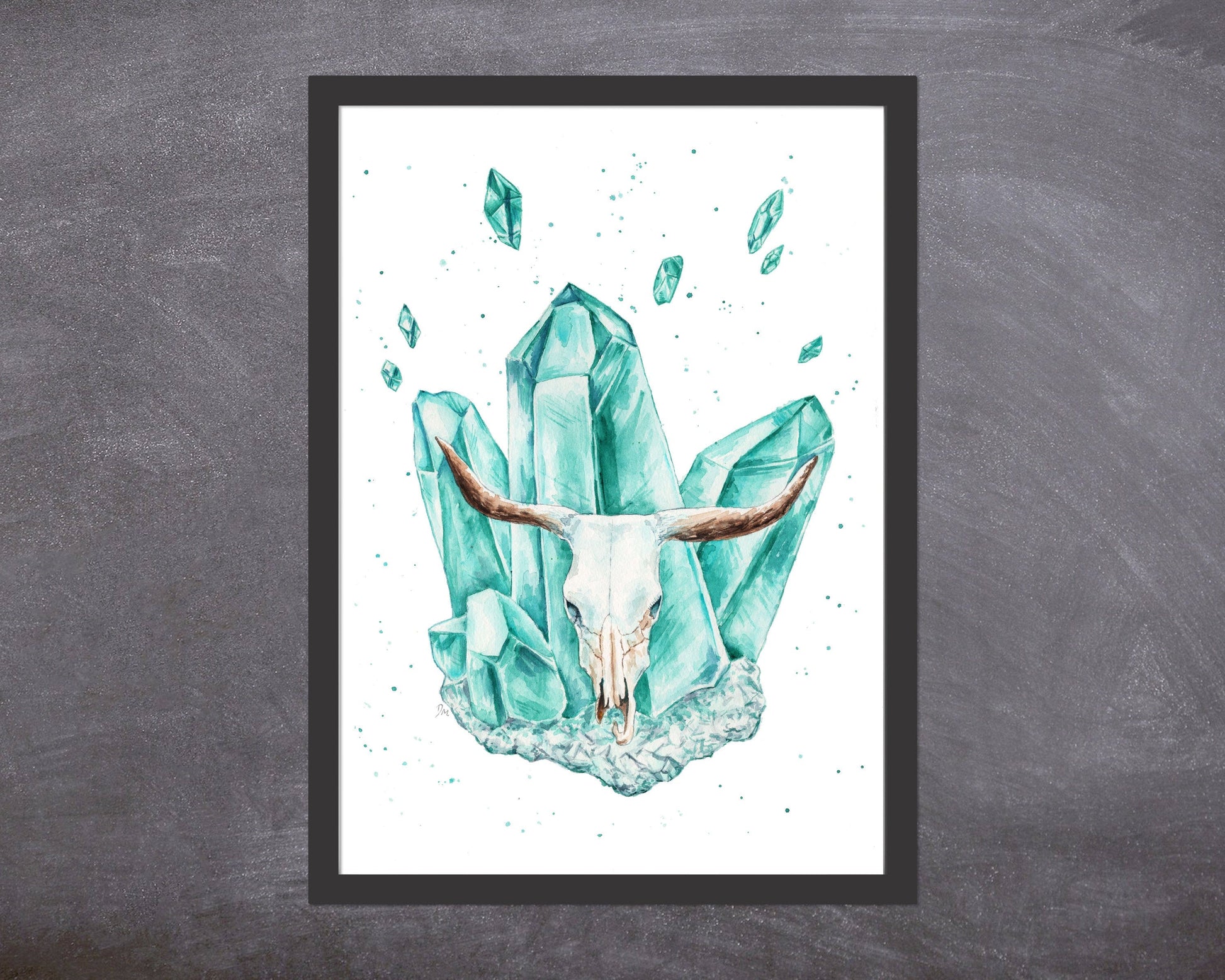 Blue Cow Skull Art Print | Witchy Pagan Crystal Art | Animal Skull Wall Decor - Debra Marie Art