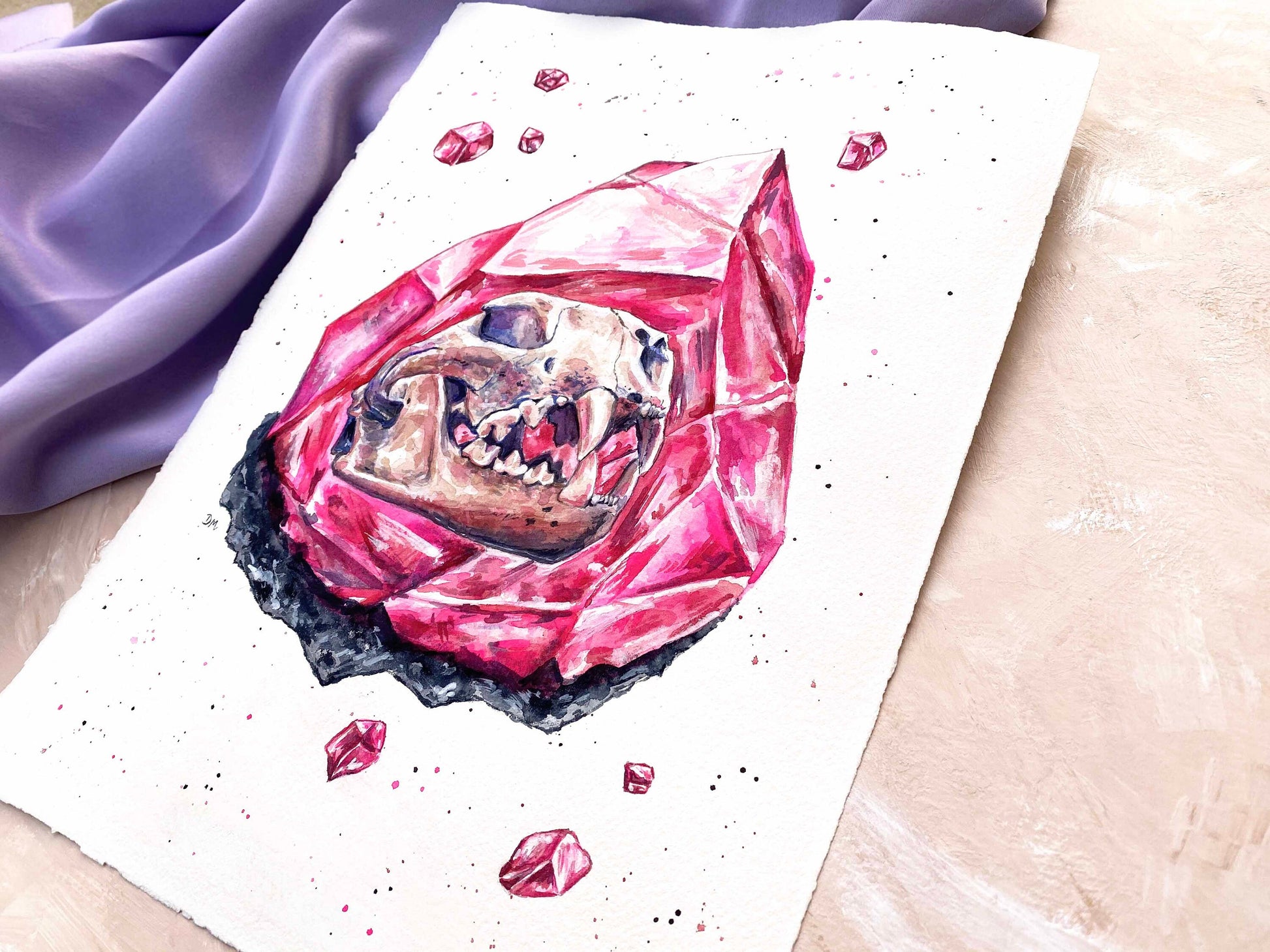 Cat Skull Painting, Watercolor Gems, Skull Gifts, Hot Pink Decor, Crystal Wall Art, Animal Skull, Crystal Painting, Goth Wall Art - Debra Marie Art