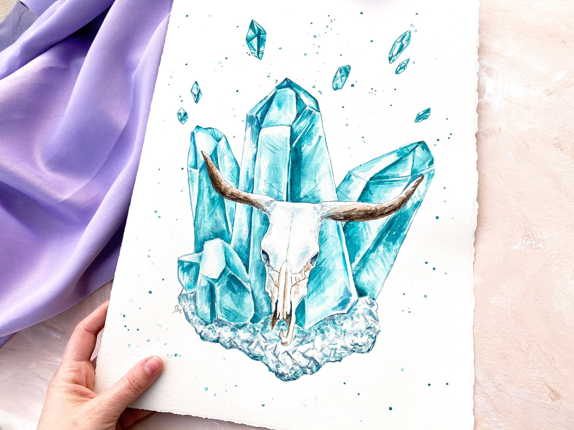 Watercolor Bull Cow Skull Crystal Painting | Animal Art Decor | Teal Southwest Wall Art - Debra Marie Art