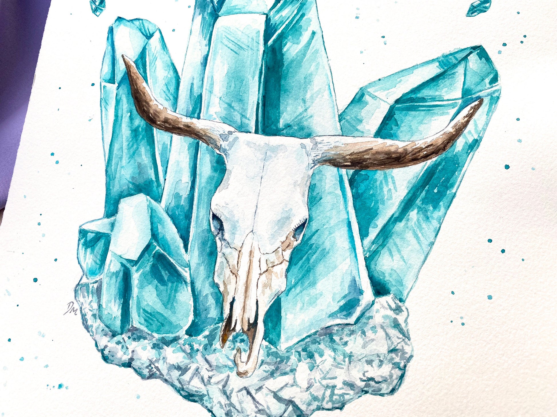 Watercolor Bull Cow Skull Crystal Painting | Animal Art Decor | Teal Southwest Wall Art - Debra Marie Art