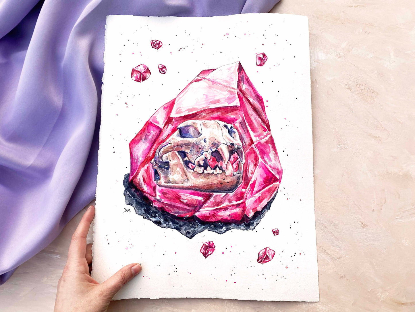 Cat Skull Painting, Watercolor Gems, Skull Gifts, Hot Pink Decor, Crystal Wall Art, Animal Skull, Crystal Painting, Goth Wall Art - Debra Marie Art