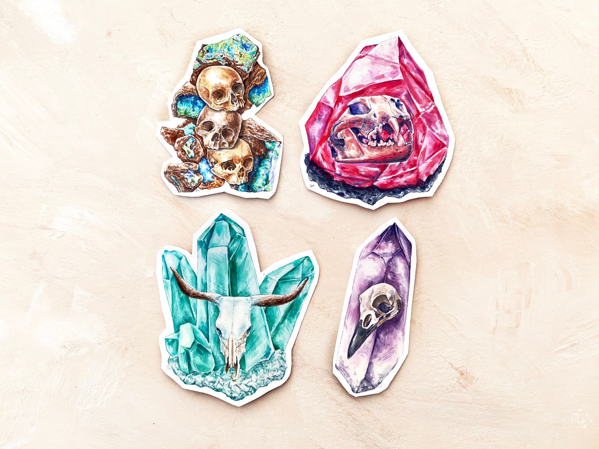 Skull Animal Crystal Sticker Set | Watercolor Stickers - Debra Marie Art