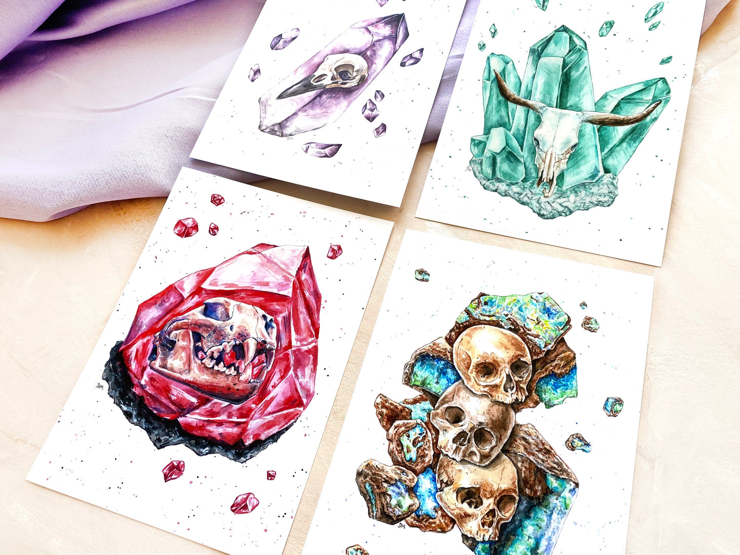 Witchy Crystal Animal Skull Fantasy Wall Art 4 Print Set, Witchy Horror Weird Home Decor Gift - Debra Marie Art