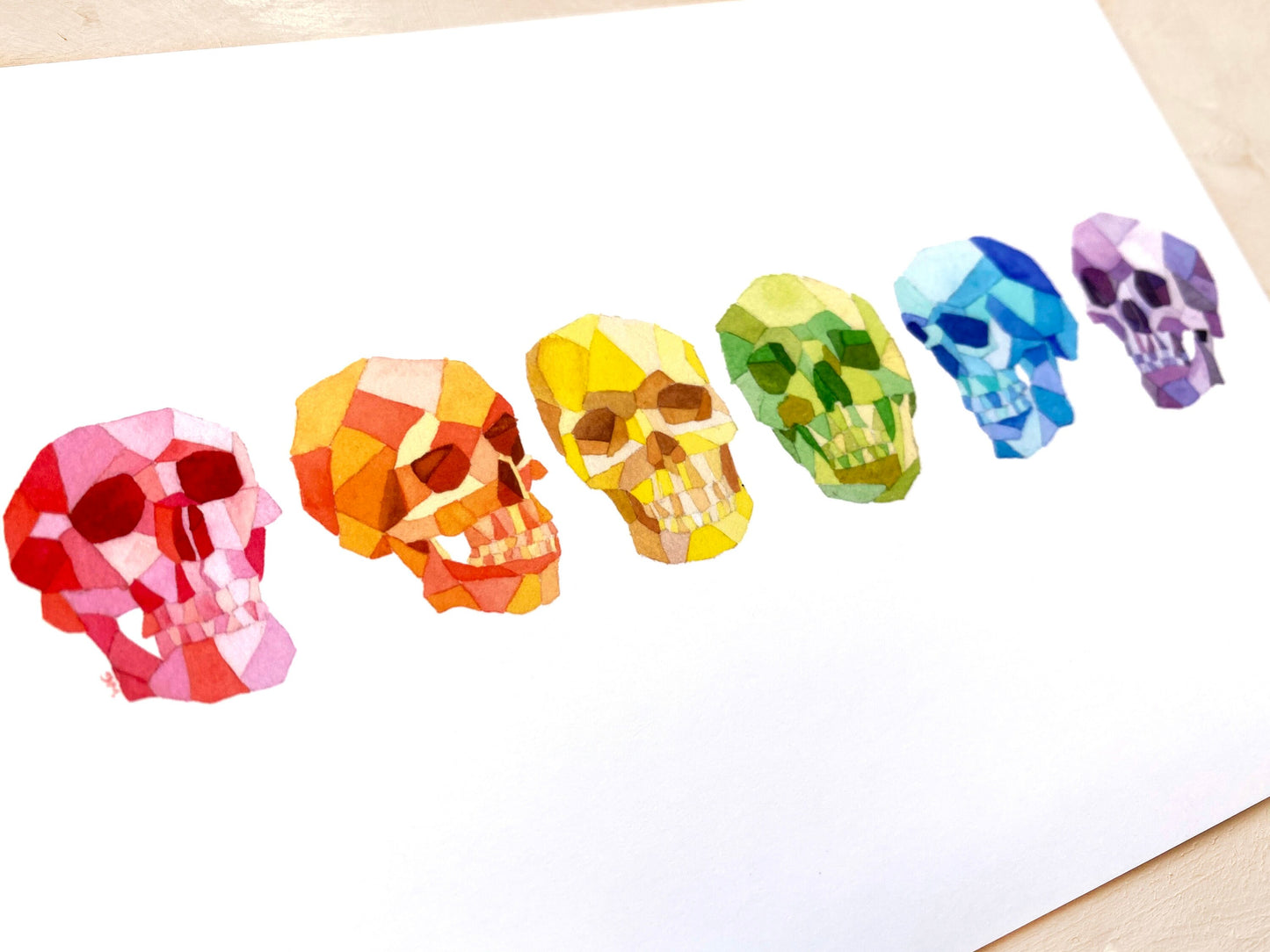 Rainbow Geometric Skulls Print | Witchy Human Skull Wall Art | Pastel Halloween Home Decor - Debra Marie Art