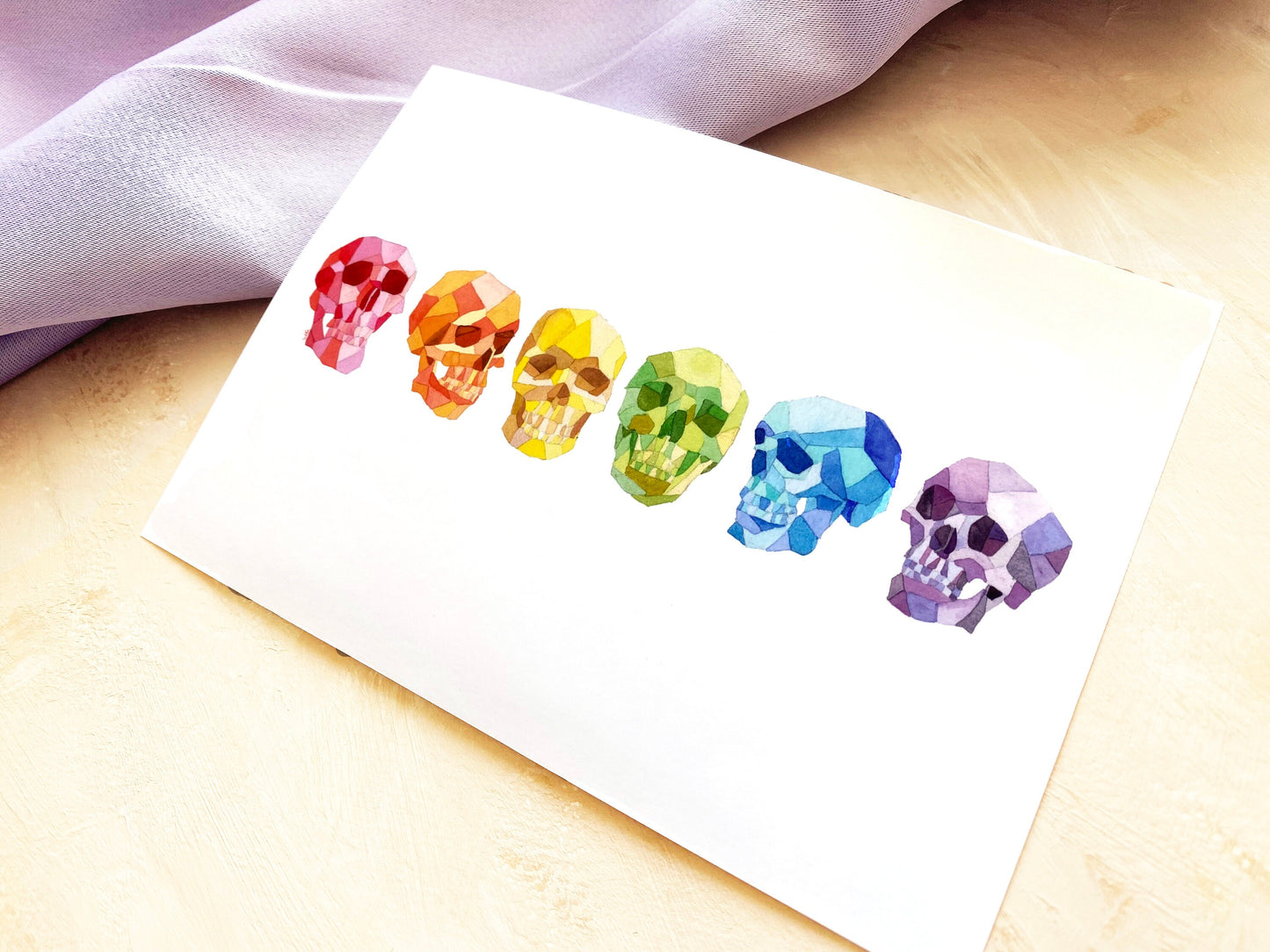 Rainbow Geometric Skulls Print | Witchy Human Skull Wall Art | Pastel Halloween Home Decor - Debra Marie Art