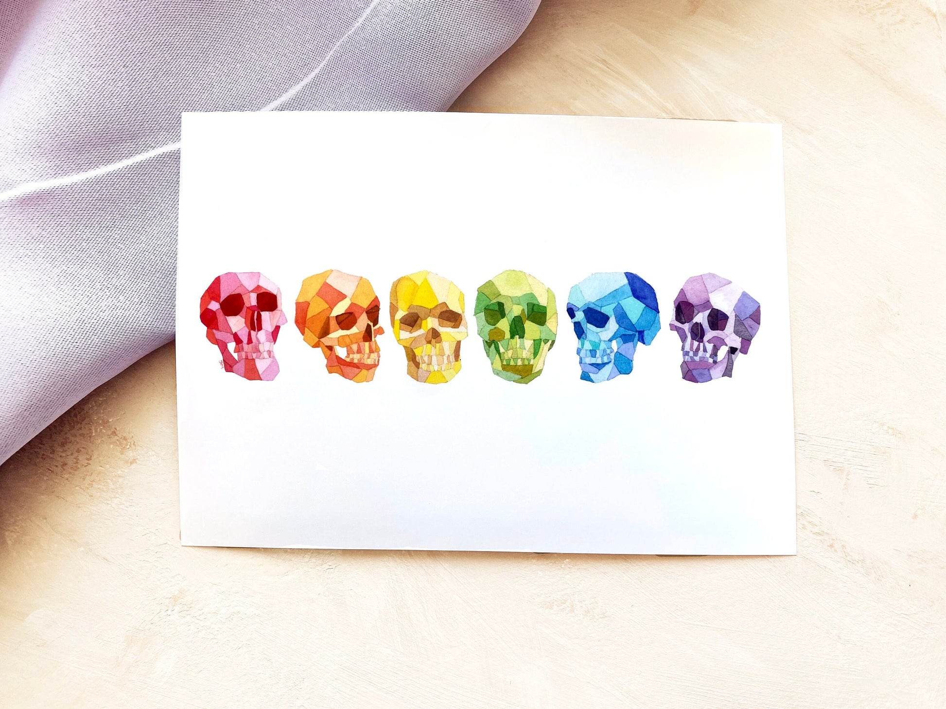 Rainbow Geometric Skulls Print | Witchy Human Skull Wall Art | Pastel Halloween Home Decor - Debra Marie Art