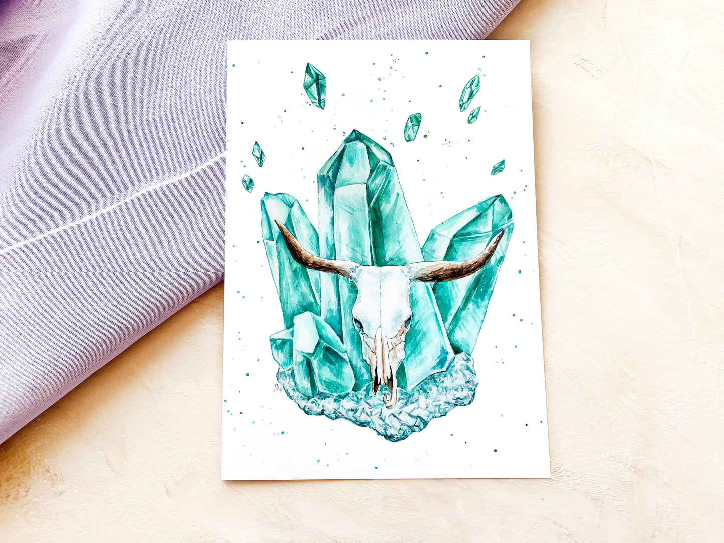 Blue Cow Skull Art Print | Witchy Pagan Crystal Art | Animal Skull Wall Decor - Debra Marie Art