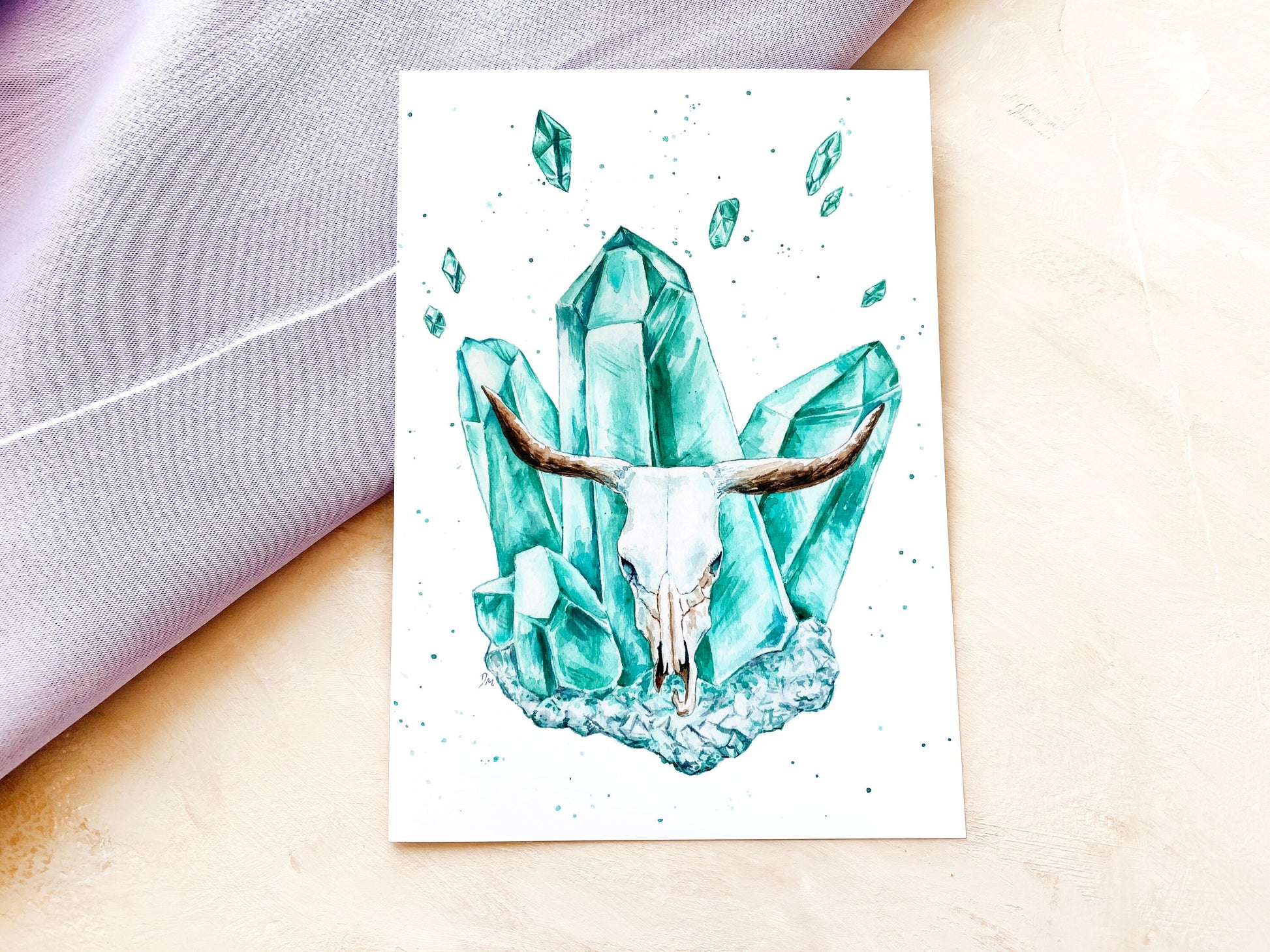 Blue Cow Skull Art Print | Witchy Pagan Crystal Art | Animal Skull Wall Decor - Debra Marie Art