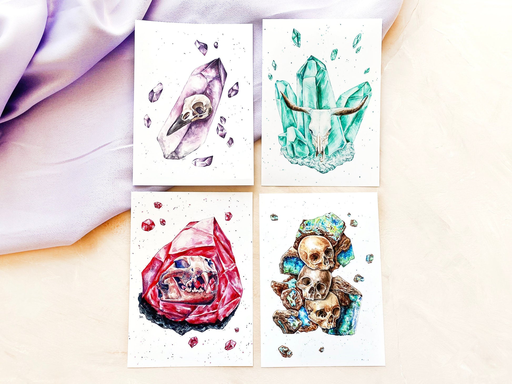 Witchy Crystal Animal Skull Fantasy Wall Art 4 Print Set, Witchy Horror Weird Home Decor Gift - Debra Marie Art