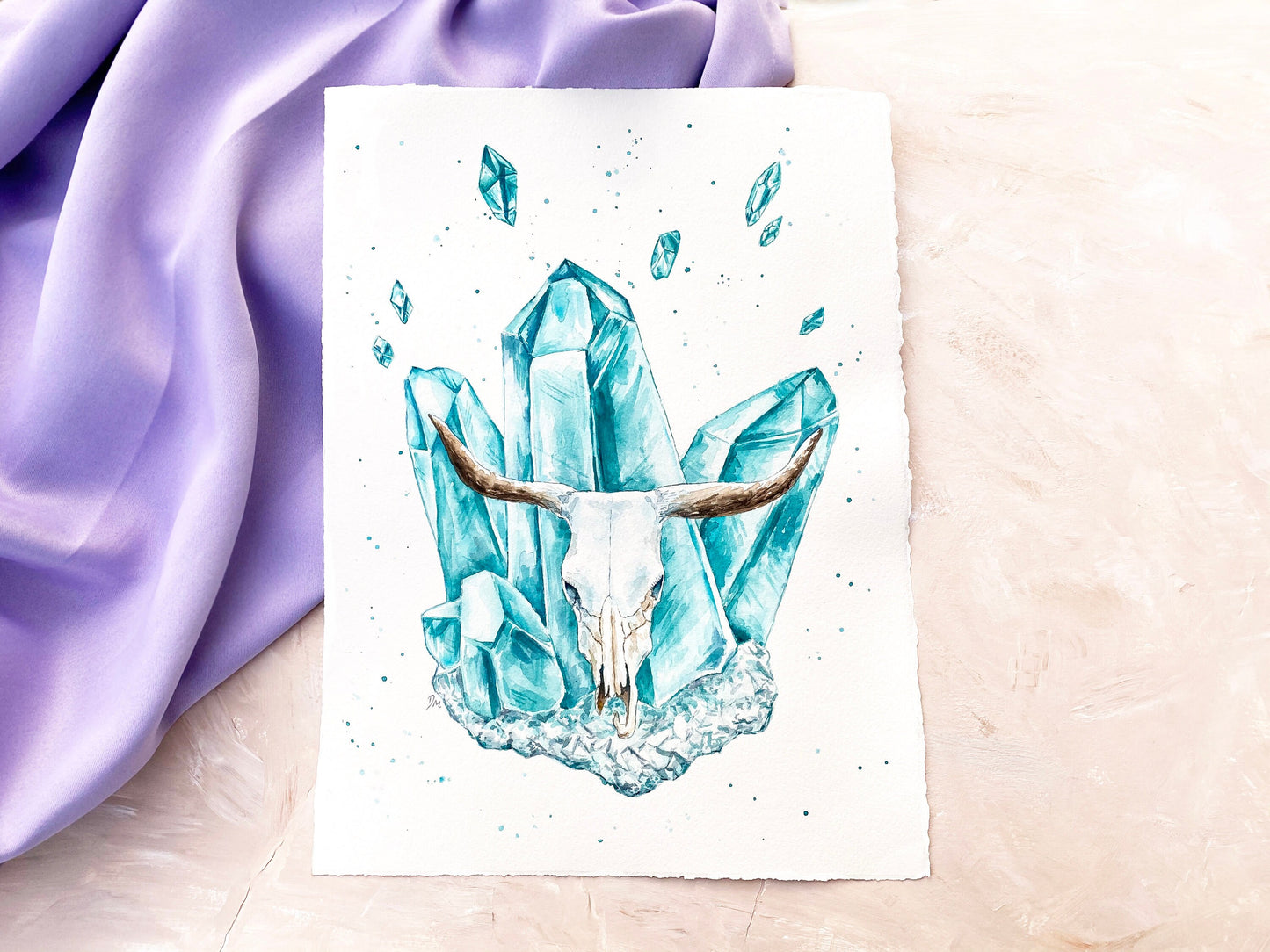 Watercolor Bull Cow Skull Crystal Painting | Animal Art Decor | Teal Southwest Wall Art - Debra Marie Art