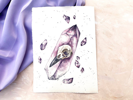 Original Bird Watercolor Painting, Raven Skull Art, Amethyst Crystal Decor, Gothic Home Decor, Witchy Gift - Debra Marie Art