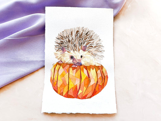 Hedgehog Painting, Woodland Animals, Watercolor Animal Art, Fall Home Decor, Autumn Wall Art, Pumpkin Painting, Geometric Animals - Debra Marie Art