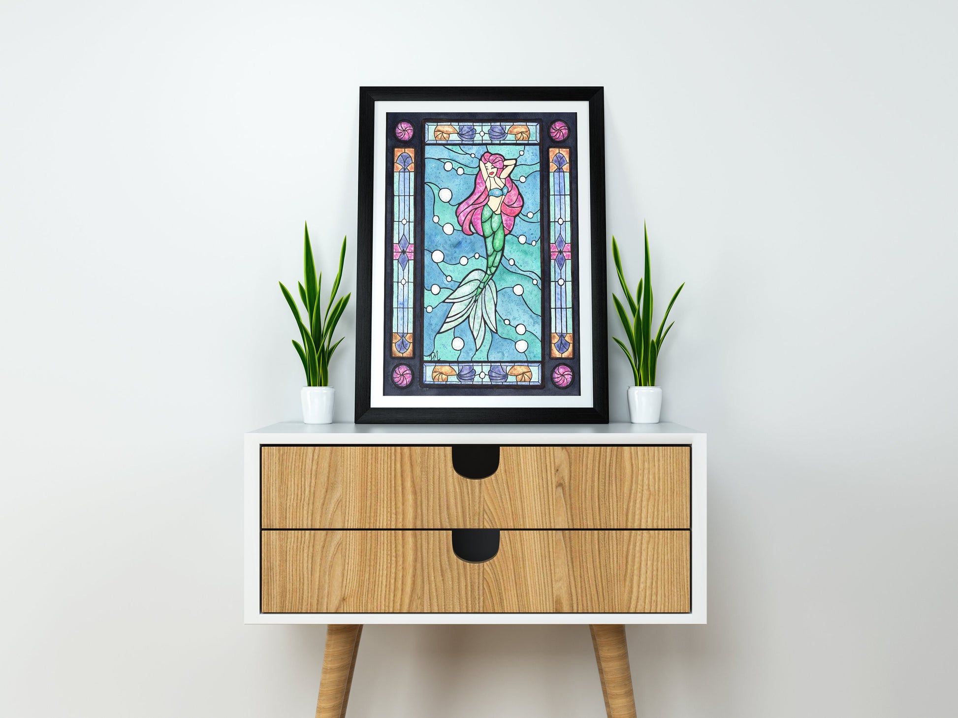 Mermaid Stained Glass Print | Beach Art Bathroom Home Decor | Ocean Wall Decor - Debra Marie Art