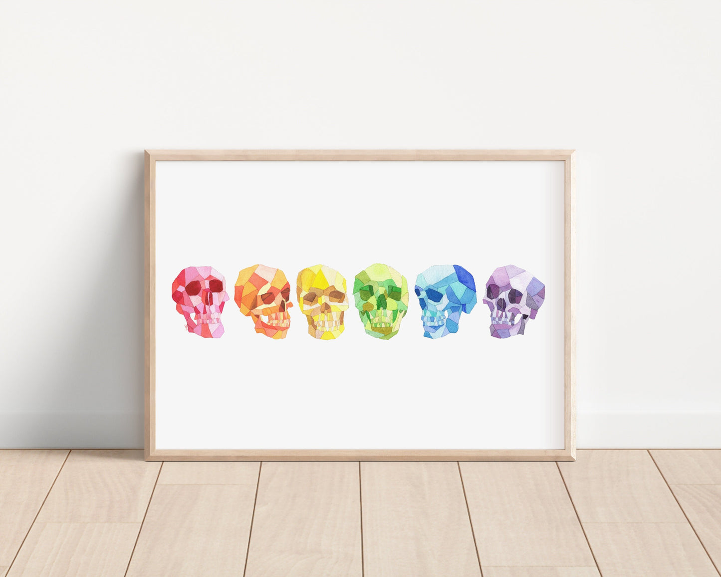 Rainbow Geometric Skulls Print | Witchy Human Skull Wall Art | Pastel Halloween Home Decor - Debra Marie Art