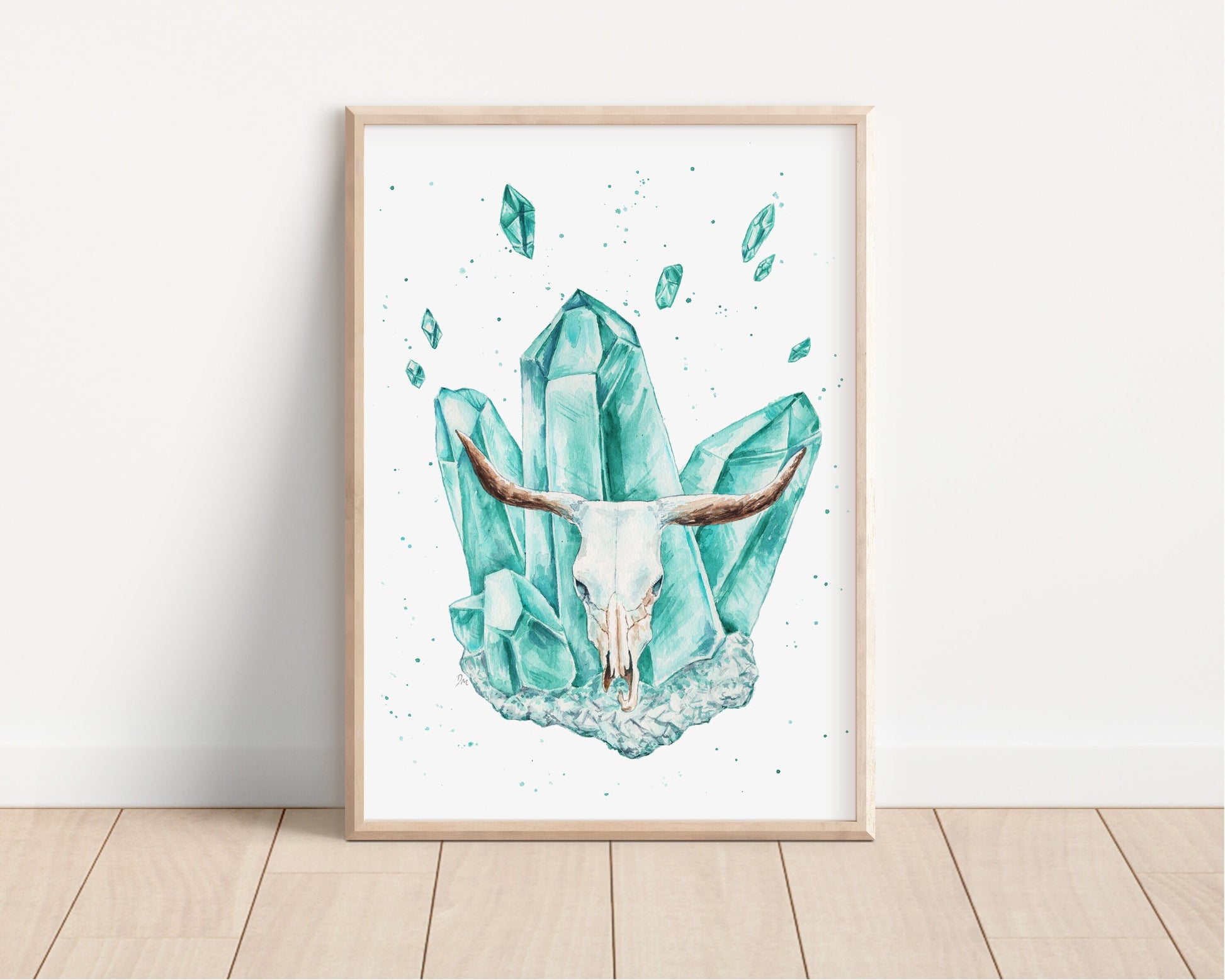 Blue Cow Skull Art Print | Witchy Pagan Crystal Art | Animal Skull Wall Decor - Debra Marie Art