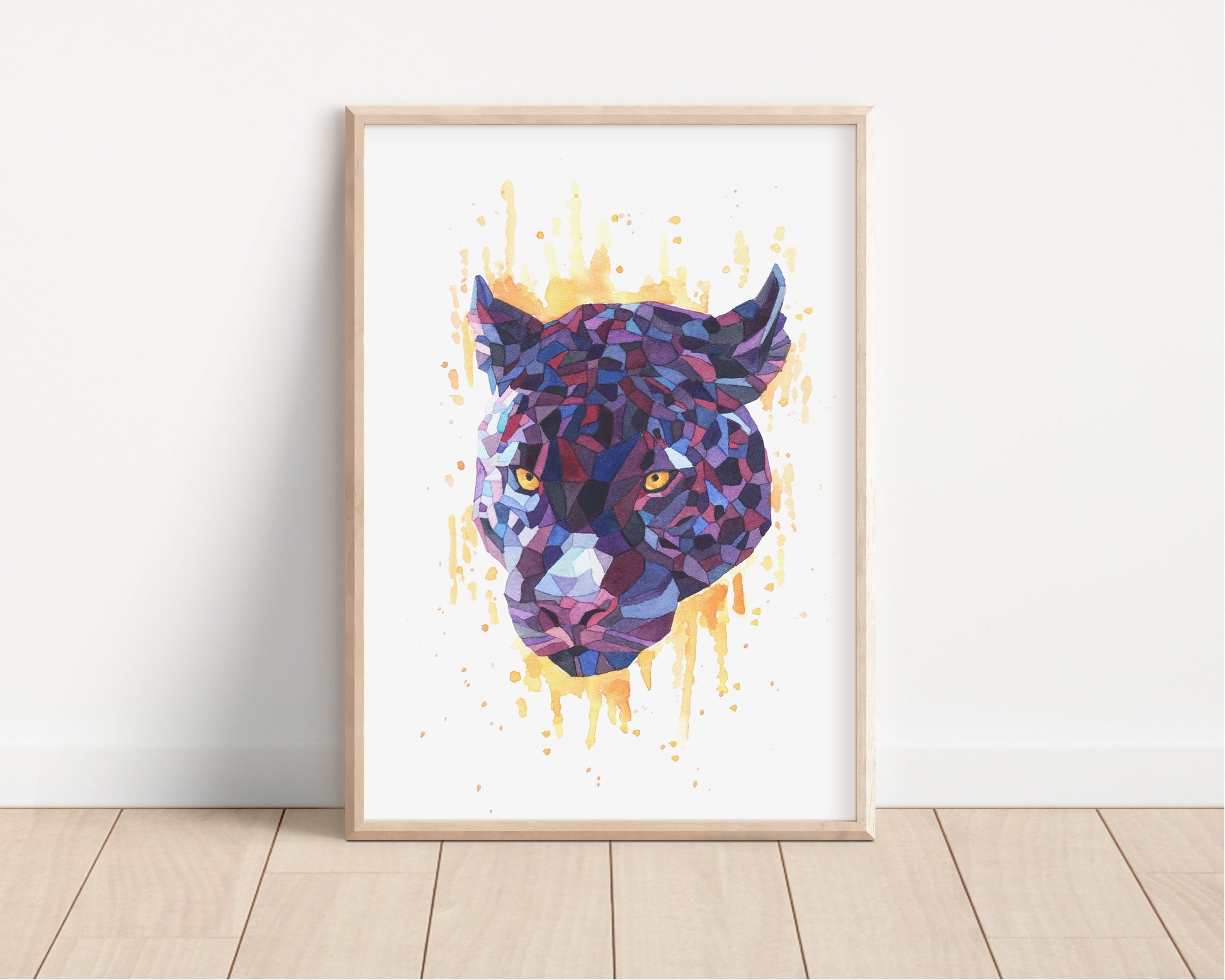 Watercolor Geometric Black Panther Cat Jaguar Animal Wall Art Decor Print - Debra Marie Art