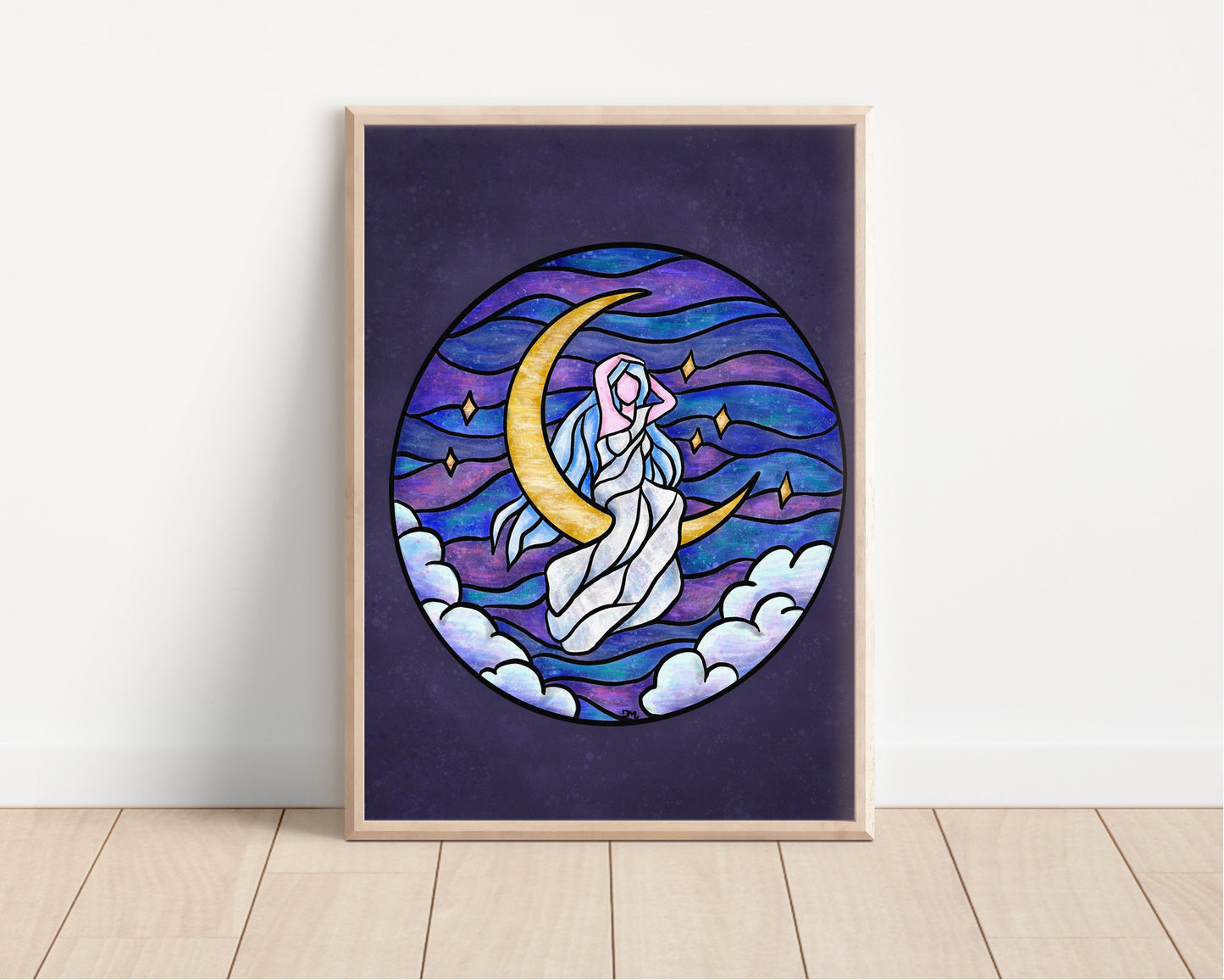 Stained Glass Style Moon Goddess Art Print Wall Decor | Witchy Whimsigoth Wall Art | - Debra Marie Art