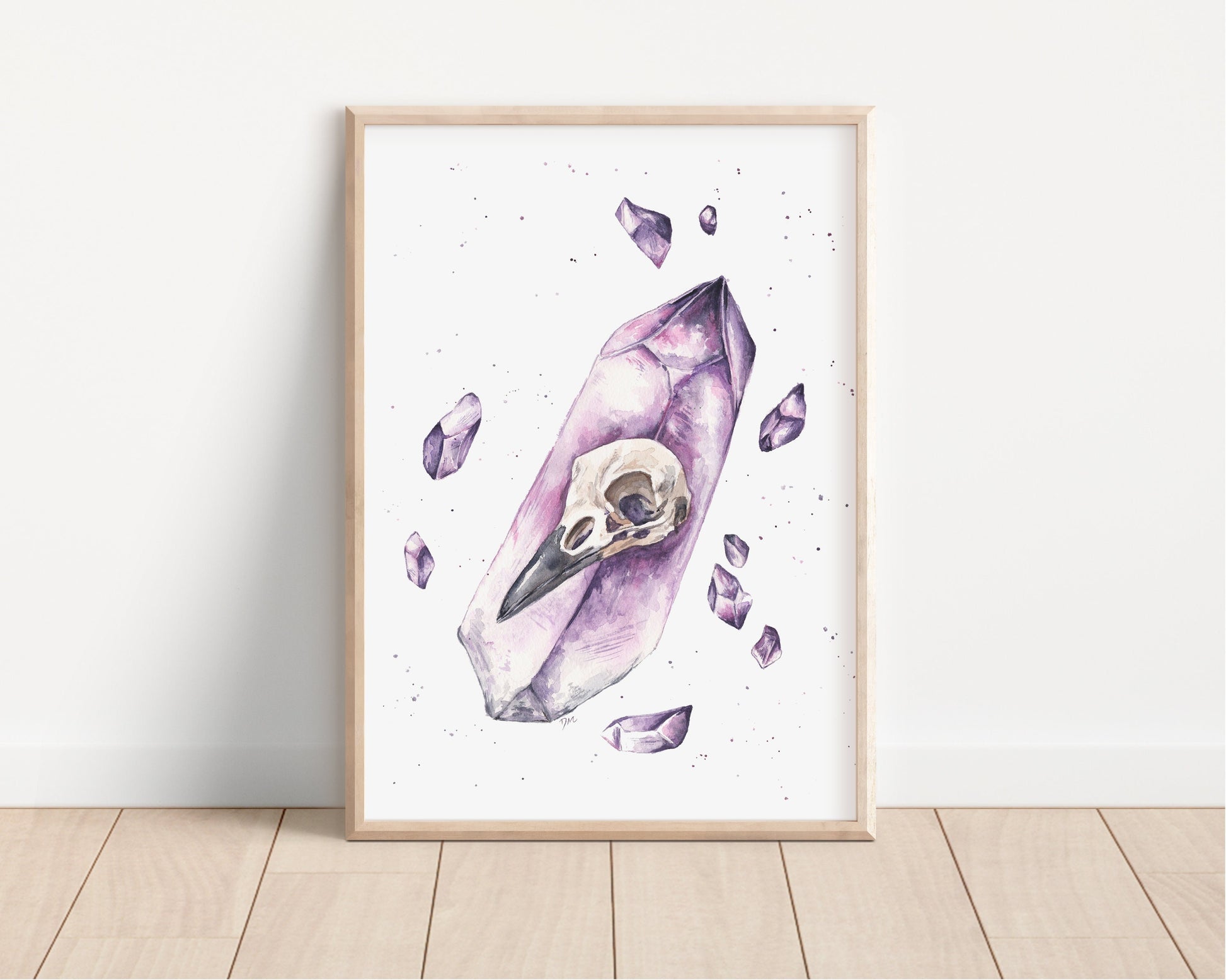 Amethyst Crow Skull Art Print | Witchy Magical Animal Art Print | Watercolor Crystal Art Skull Decor - Debra Marie Art