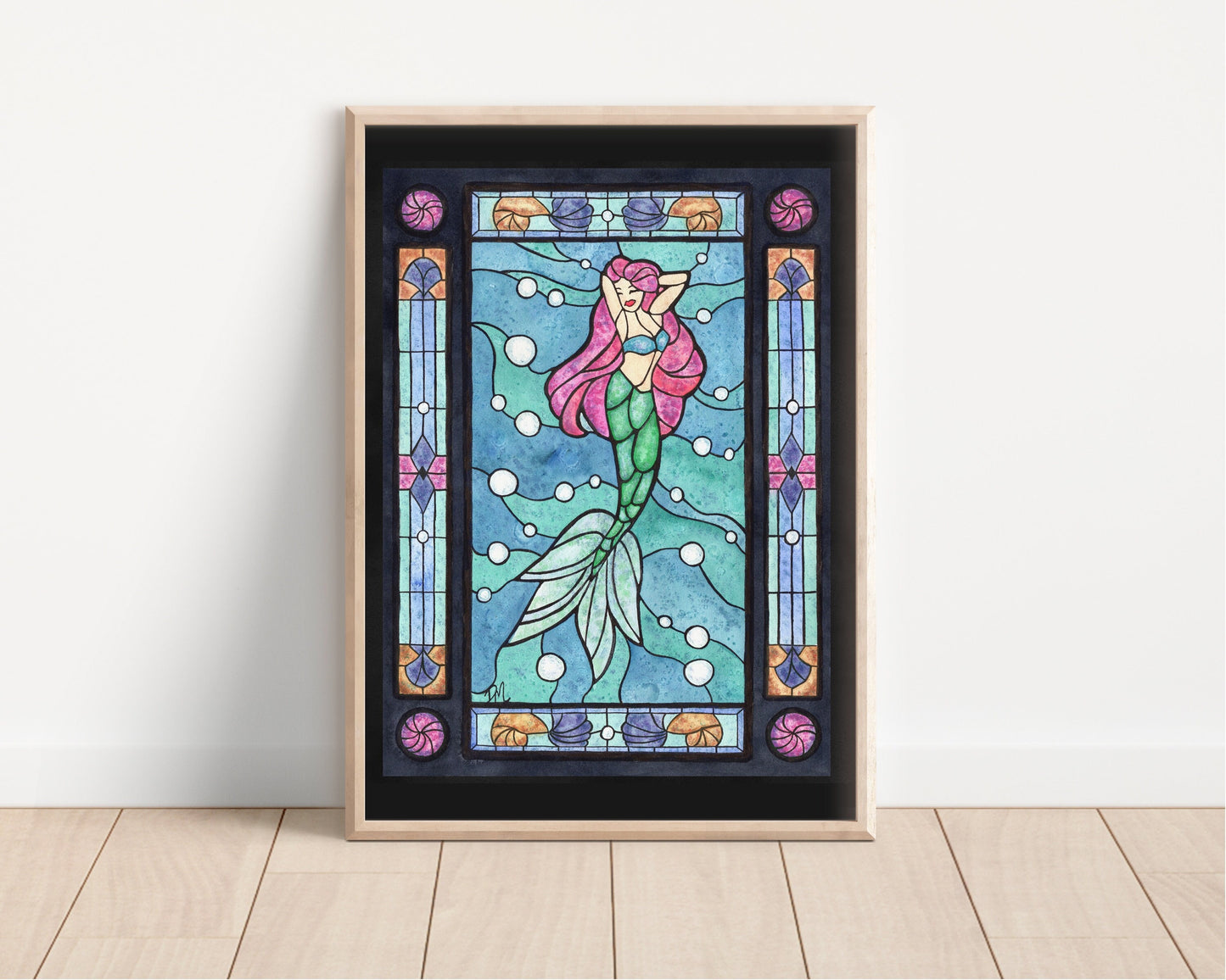 Mermaid Stained Glass Print | Beach Art Bathroom Home Decor | Ocean Wall Decor - Debra Marie Art