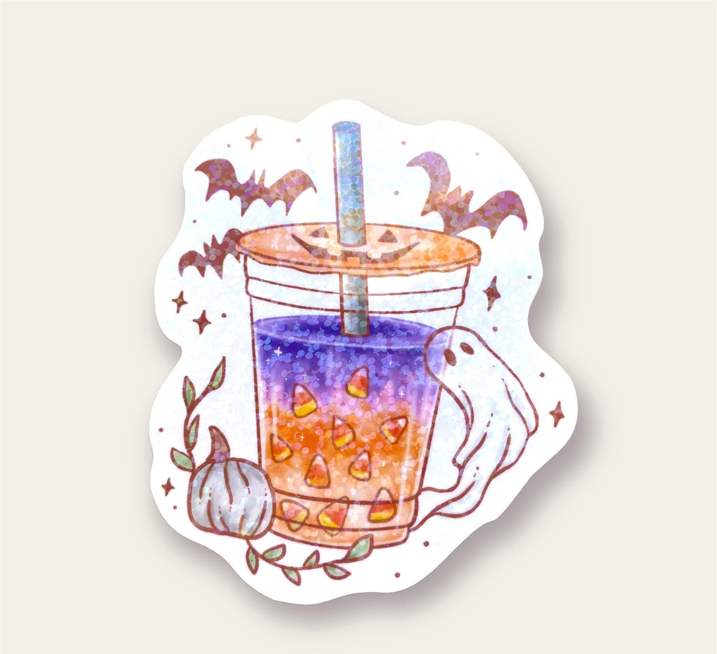 Holographic Halloween Boba Bubble Milk Tea Sticker | Fall Witchy Spooky Vinyl Sticker | Cute Candy Corn Ghost Sticker - Debra Marie Art