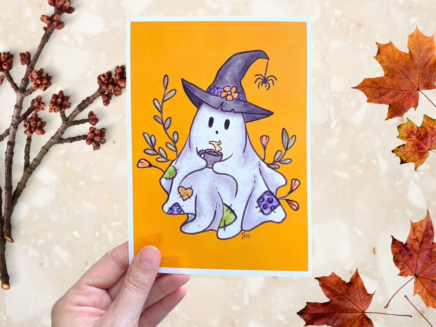 Cute Spooky Ghost Coffee Art Print | Halloween Witchy Wall Art Decor |  Witch Hat Fall Art - Debra Marie Art