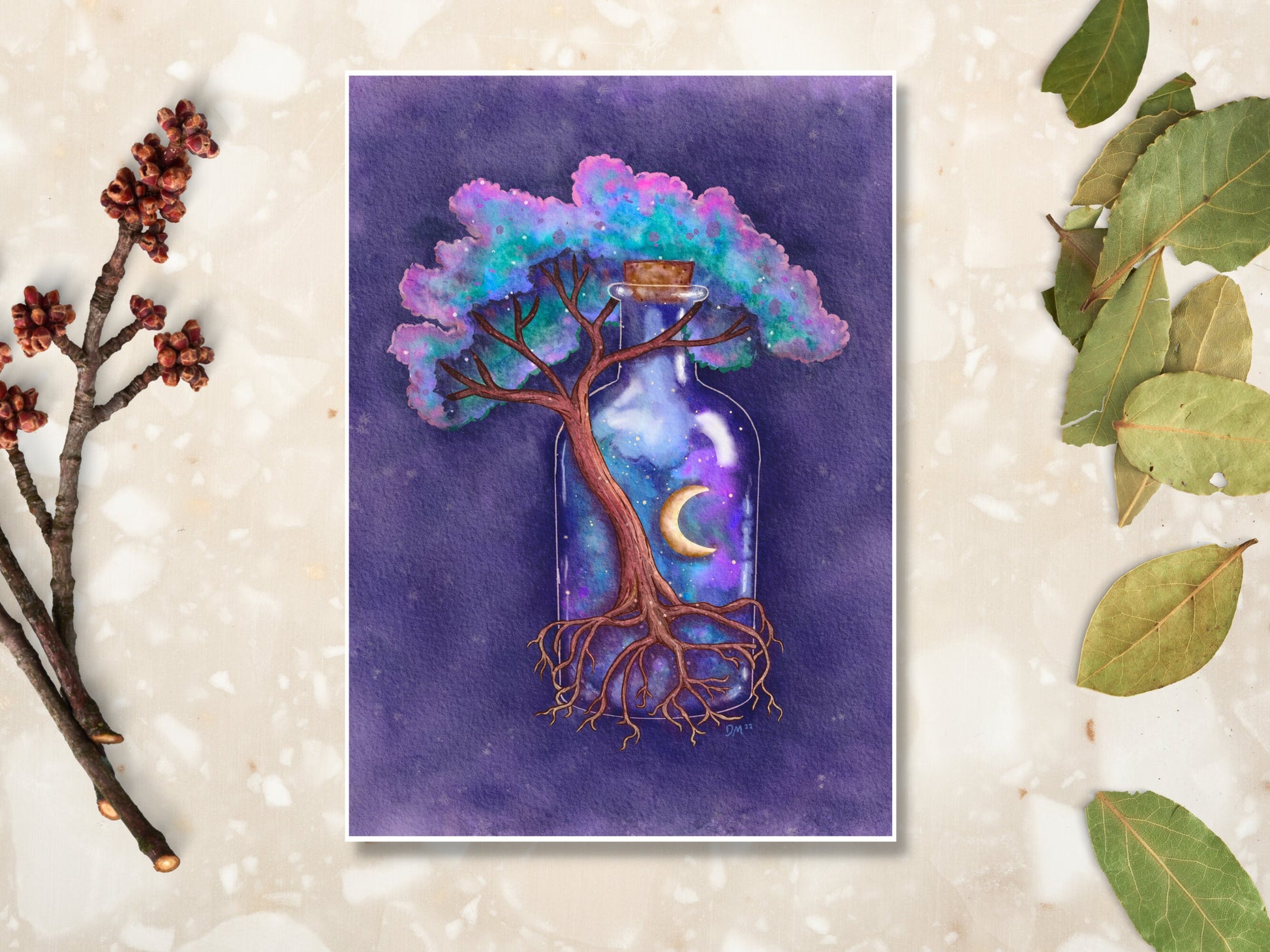 Fantasy Tree Bottle Art Print |  Enchanted Magic Forest Nature Wall Art Decor | Galaxy Celestial Moon Home Decor - Debra Marie Art