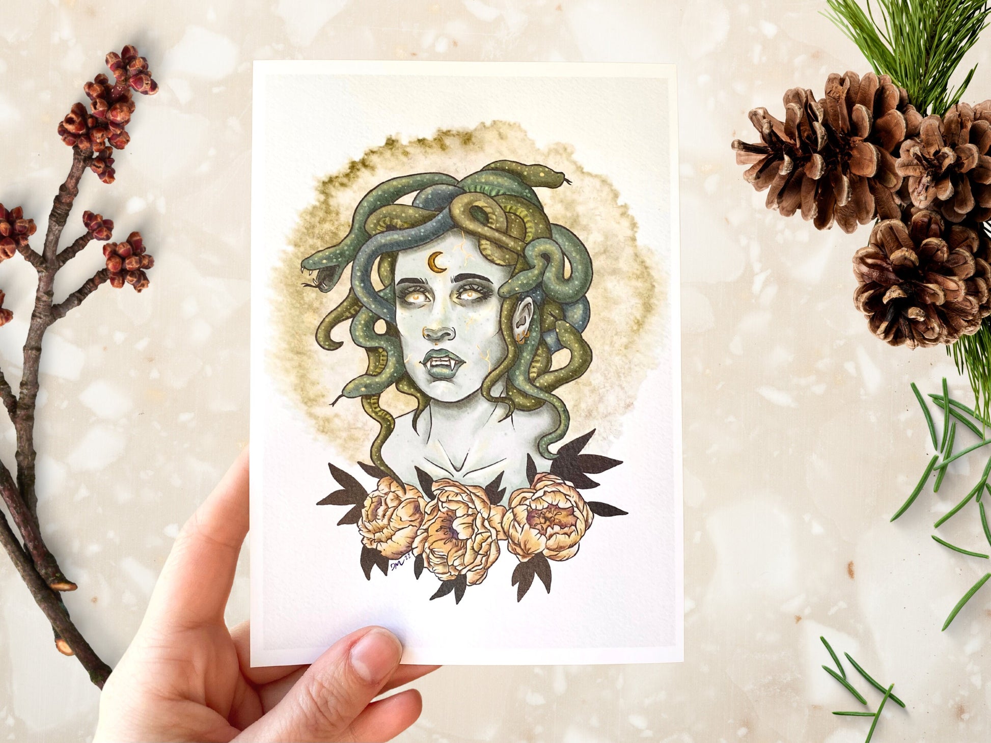 Medusa Goddess Snake Art Print |  Witchy Fantasy Wall Art Decor | Pagan Mythology Home Decor Gift - Debra Marie Art