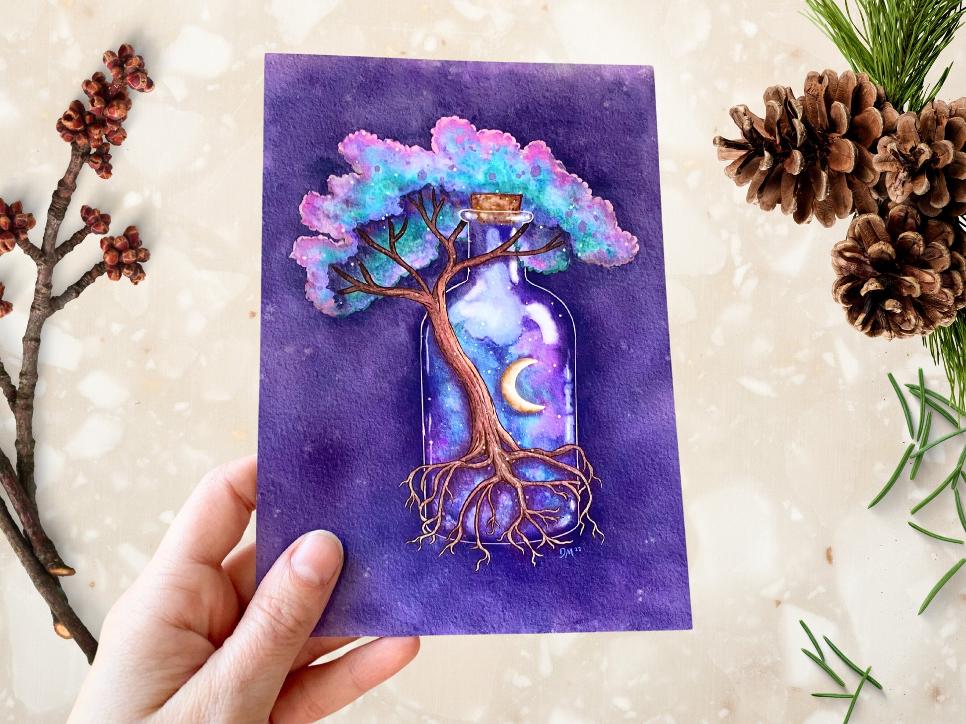 Fantasy Tree Bottle Art Print |  Enchanted Magic Forest Nature Wall Art Decor | Galaxy Celestial Moon Home Decor - Debra Marie Art