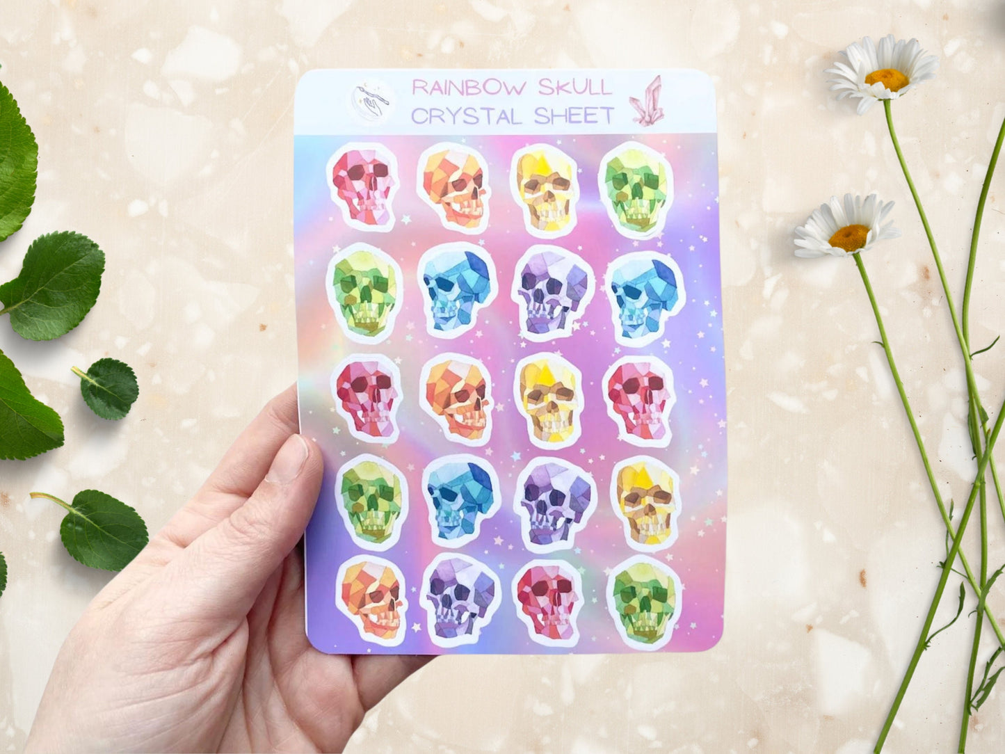 Rainbow Human Skull Sticker Pack | Pastel Goth Halloween Sticker Art | Creepy Geometric Sticker Sheet - Debra Marie Art