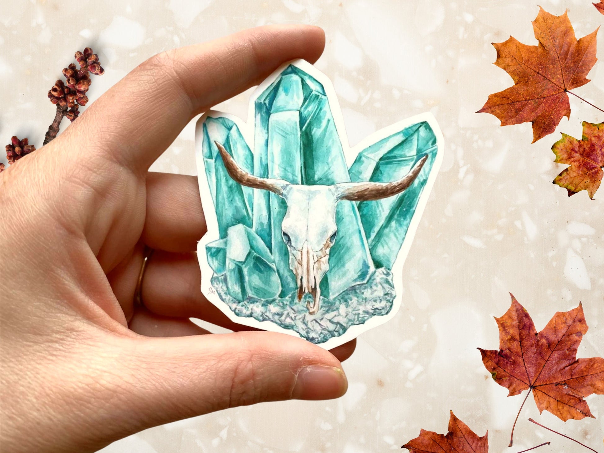 Cow Animal Skull Sticker | Blue Aura Quartz Crystal Witchy Sticker - Debra Marie Art