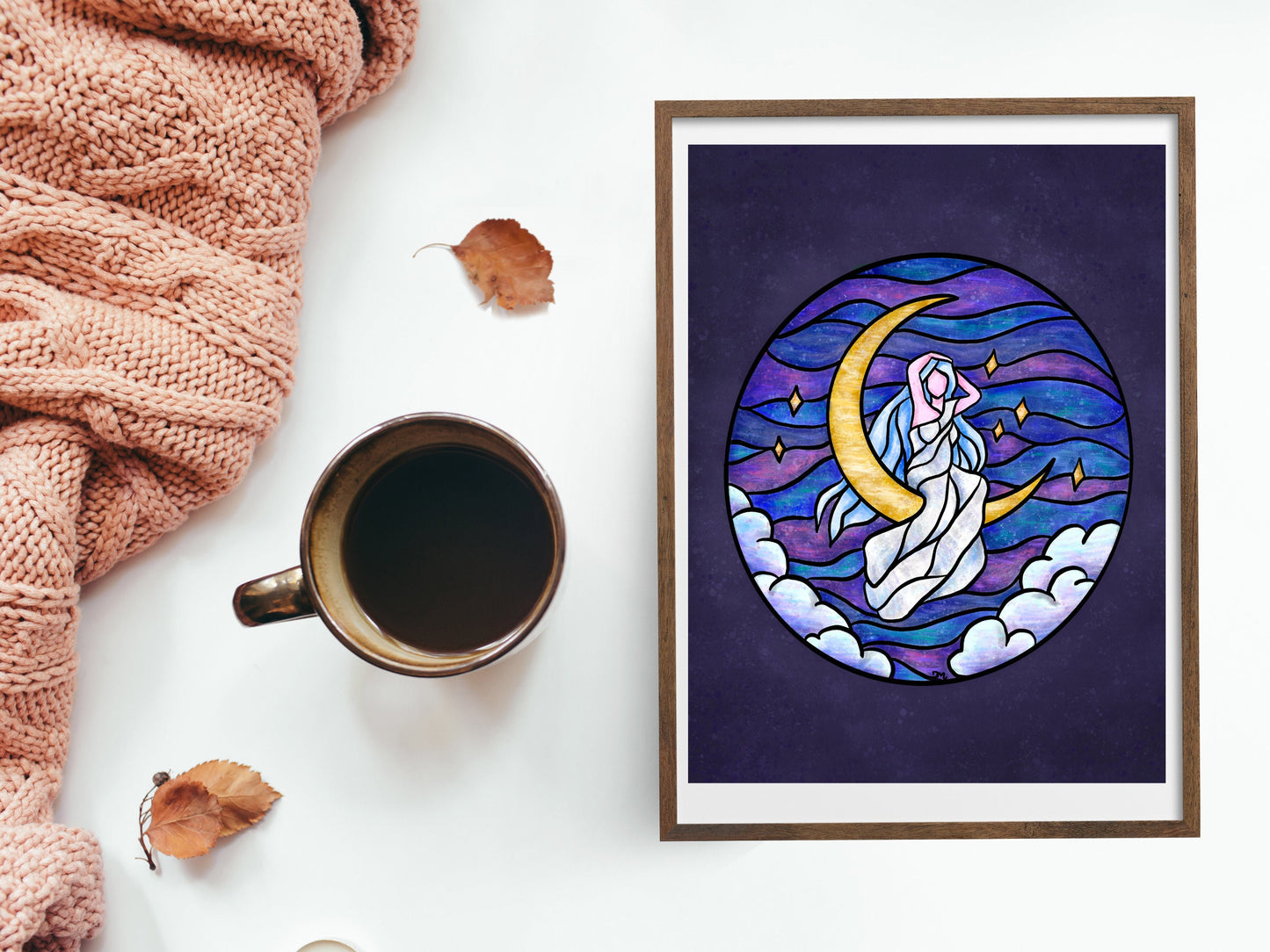 Stained Glass Style Moon Goddess Art Print Wall Decor | Witchy Whimsigoth Wall Art | - Debra Marie Art