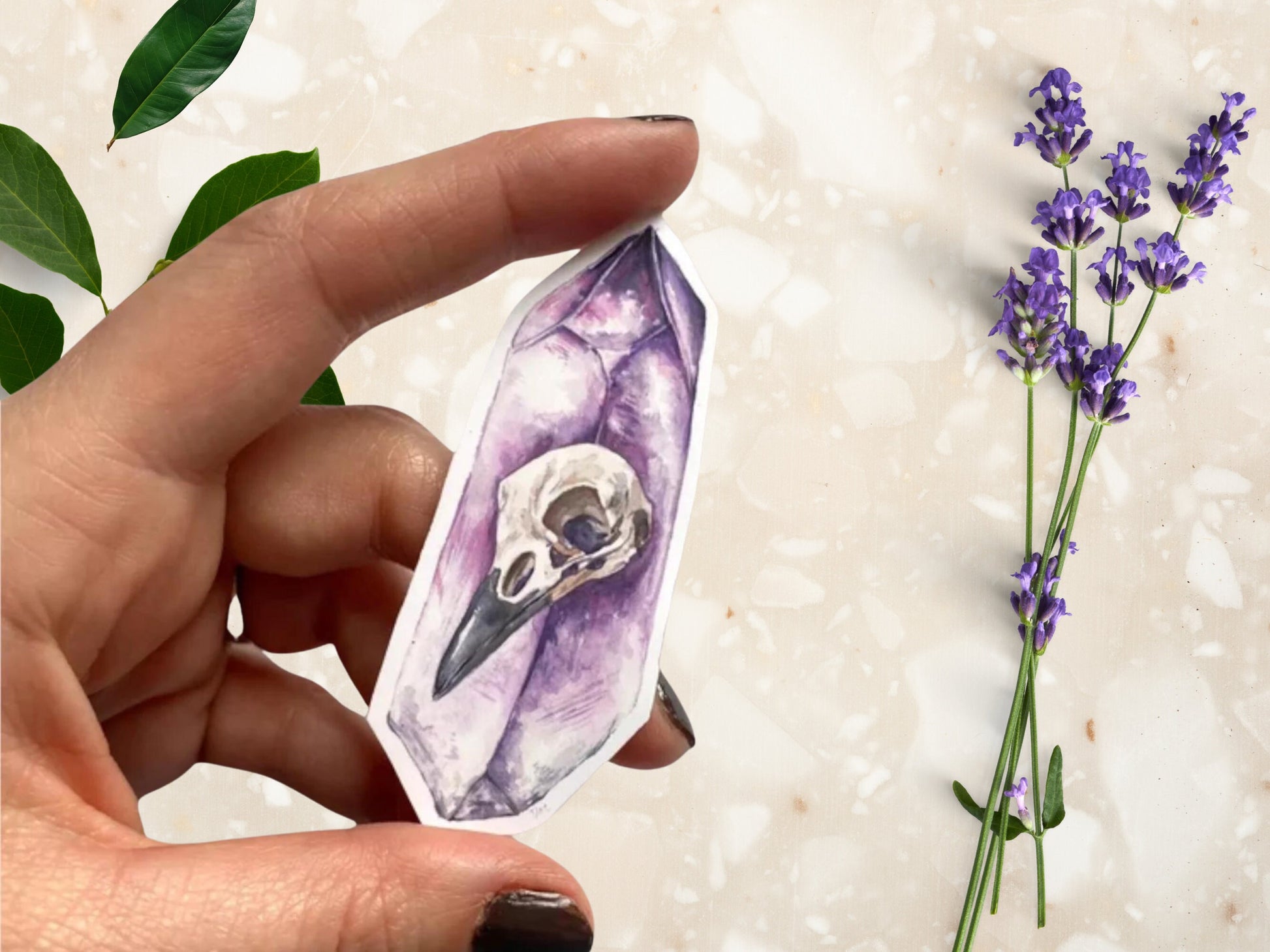 Crow Raven Bird Skull Amethyst Crystal Sticker | Witchy Sticker - Debra Marie Art