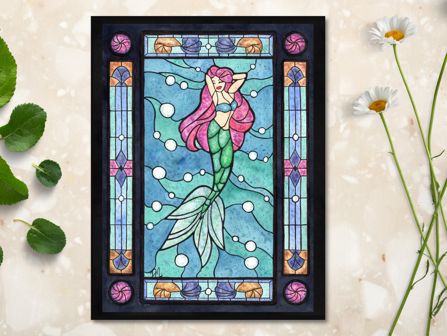 Mermaid Stained Glass Print | Beach Art Bathroom Home Decor | Ocean Wall Decor - Debra Marie Art