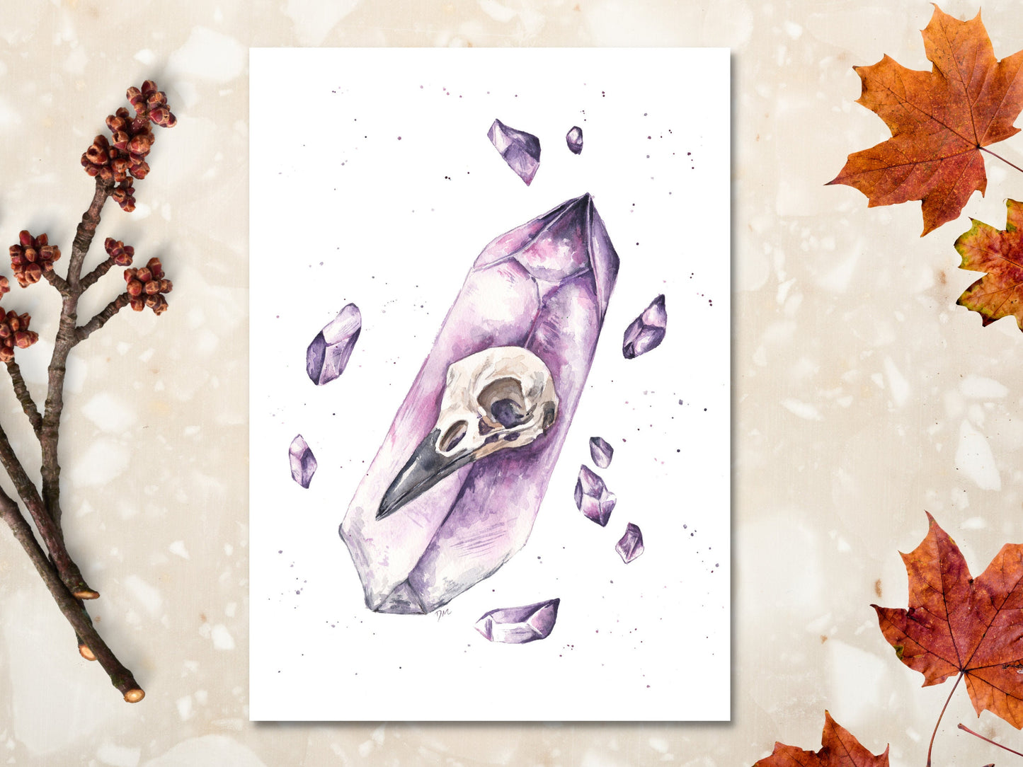 Amethyst Crow Skull Art Print | Witchy Magical Animal Art Print | Watercolor Crystal Art Skull Decor - Debra Marie Art