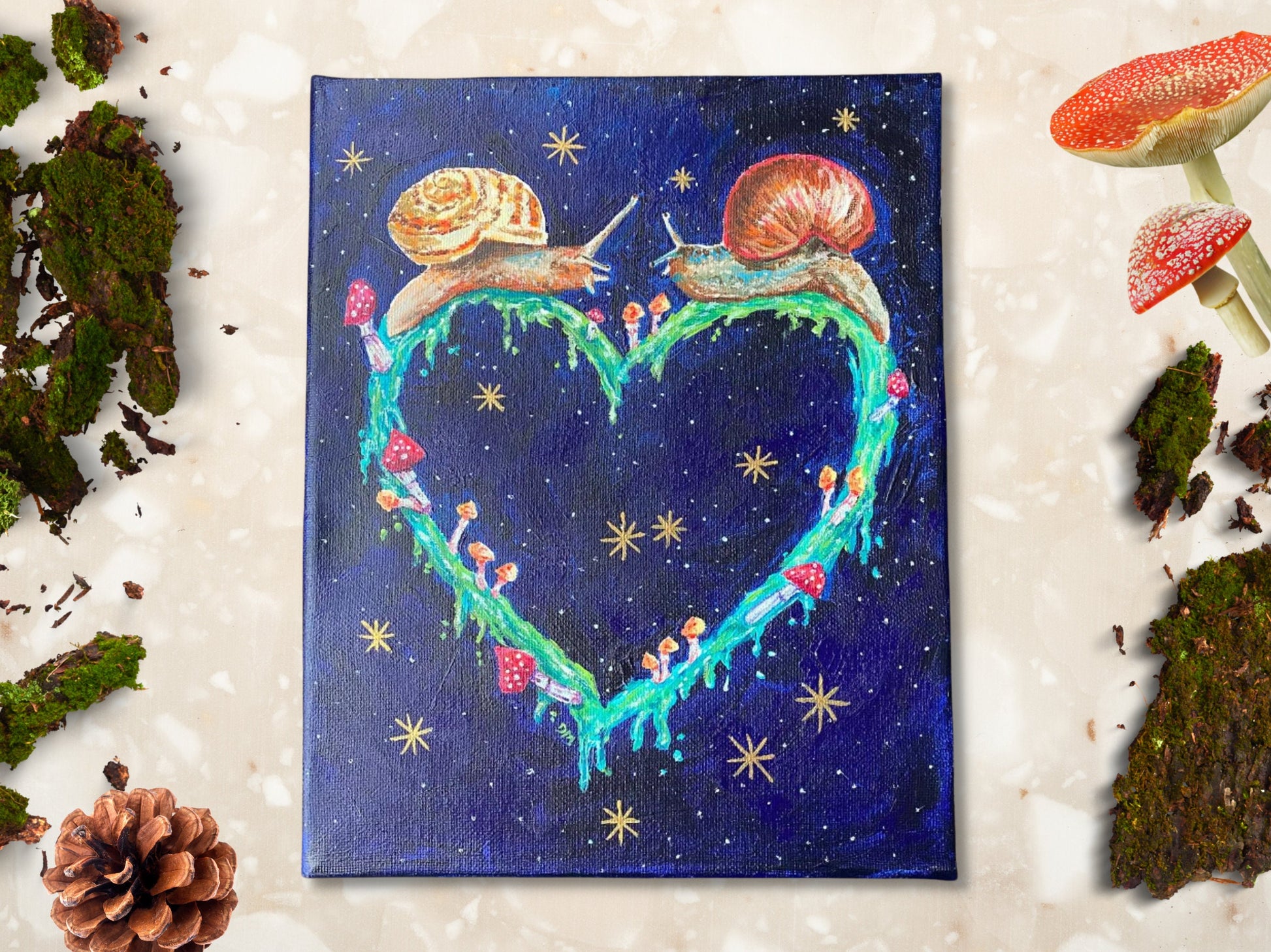 Cute Snail Mushroom Art Painting | Celestial Animal Wall Decor | Whimsical Nature Lover Art - Debra Marie Art