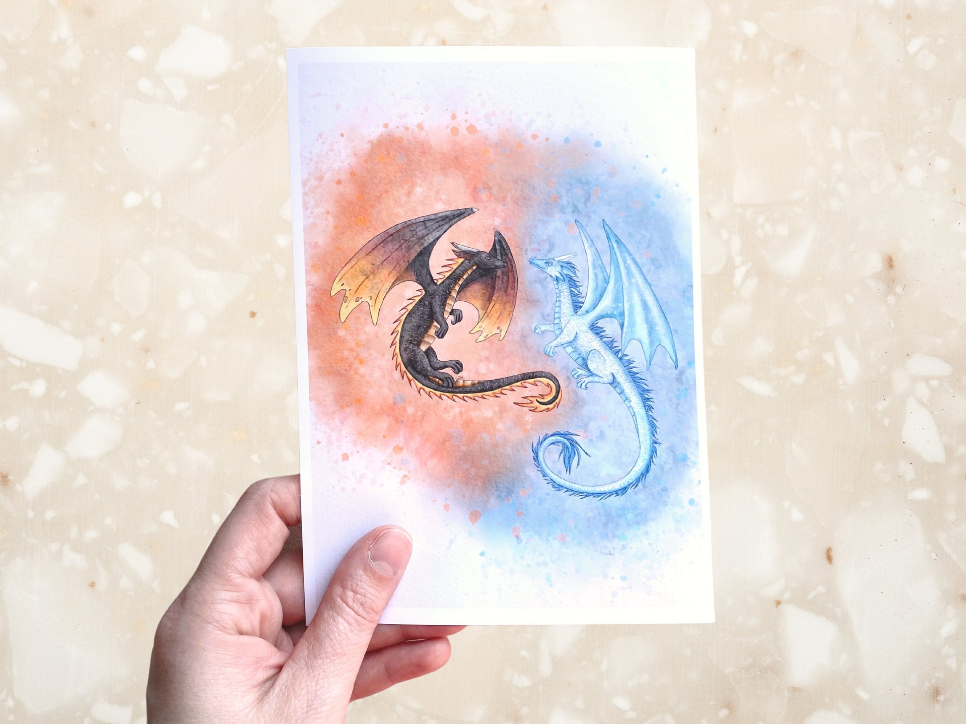 Whimsical Fire Ice Dragon Art Print | Magical Animal Art Decor | Creature Decor Wall - Debra Marie Art