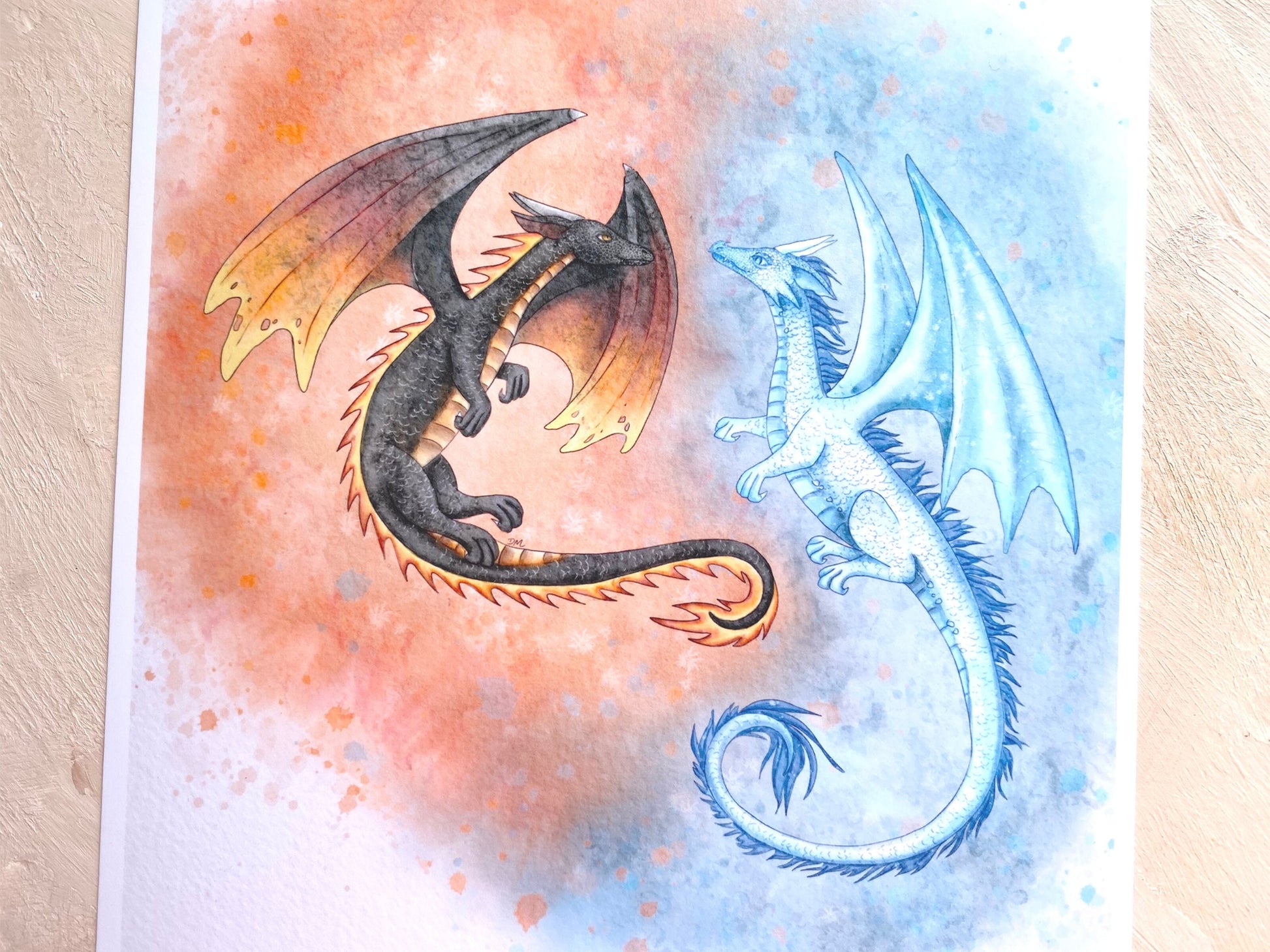 Whimsical Fire Ice Dragon Art Print | Magical Animal Art Decor | Creature Decor Wall - Debra Marie Art