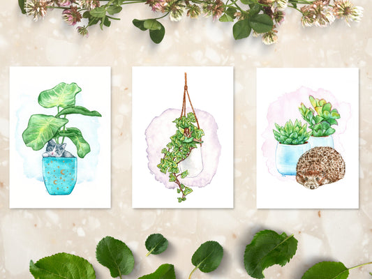 Cottagecore Potted Plant Art Print Set | Fantasy Fairy Cute Animal Decor | Set of 3 Art Prints - Debra Marie Art