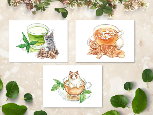 Cat Tea Art Print Set | Cottagecore Cute Animal Decor | Set of 3 Art Prints - Debra Marie Art