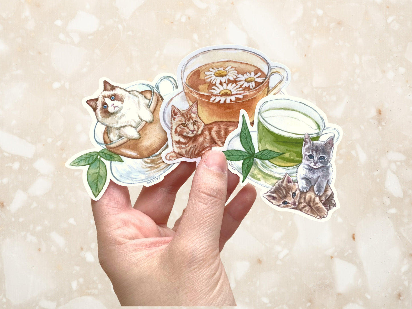 Tea Cat Vinyl Sticker Set | Cute Animal Stickers for Water Bottle | Cat Lover Gift - Debra Marie Art