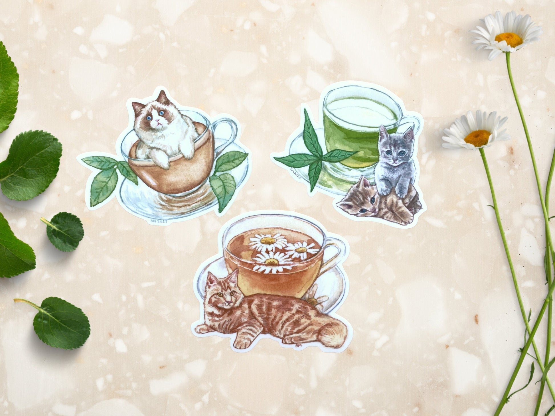 Tea Cat Vinyl Sticker Set | Cute Animal Stickers for Water Bottle | Cat Lover Gift - Debra Marie Art