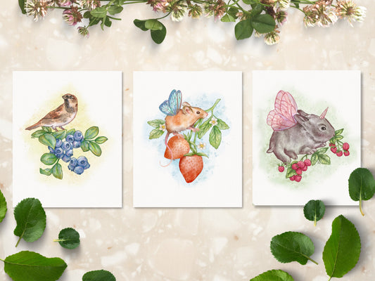 Spring Berry Animal Print Set | Fantasy Fairy Cute Garden Decor | Set of 3 Art Prints - Debra Marie Art