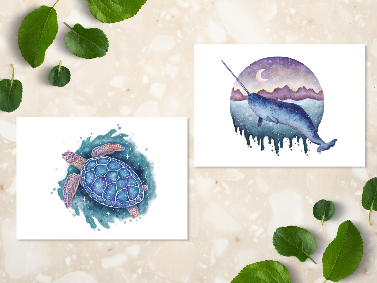 Narwhal Sea Turtle Art Print Set | Fantasy Cute Ocean Animal Decor | Set of 2 Art Prints - Debra Marie Art