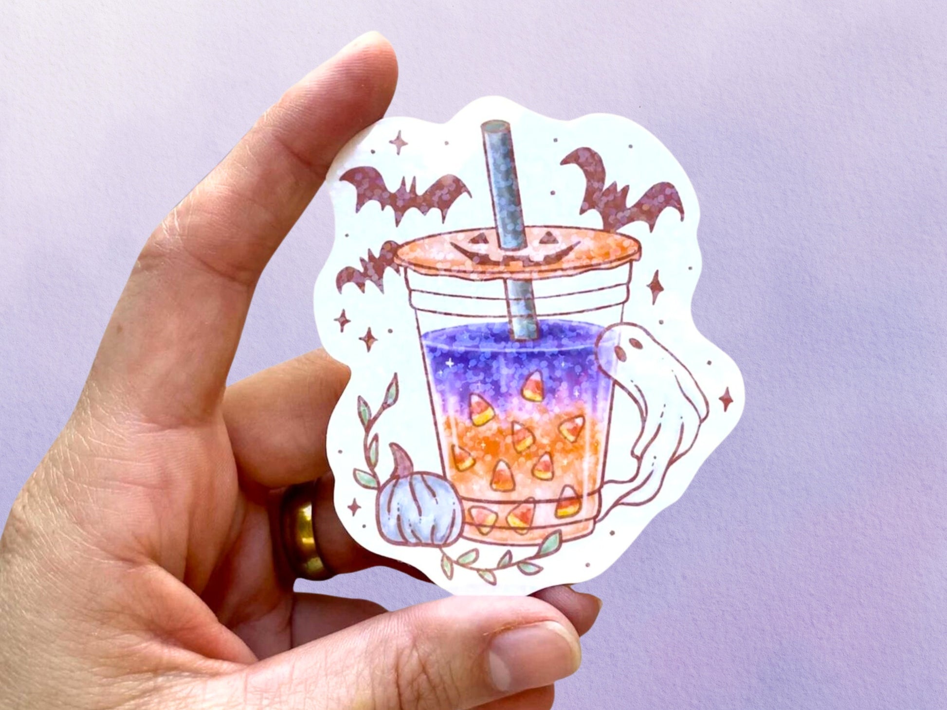 Holographic Halloween Boba Bubble Milk Tea Sticker | Fall Witchy Spooky Vinyl Sticker | Cute Candy Corn Ghost Sticker - Debra Marie Art