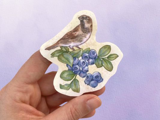 Blueberry Bird Sticker | Cottagecore Animal Sticker |  Nature Vinyl Sticker - Debra Marie Art